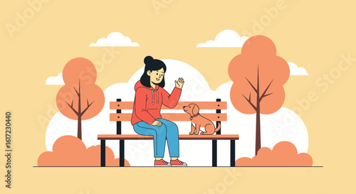 Girl Greeting Her Dog Sitting On The Bench In Autumnal Park