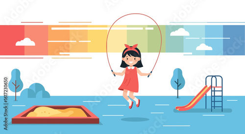 Girl Having Fun While Playing Skipping Rope In Playground Illustration