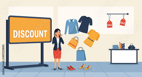 Excited Shopper Finds Attractive Discount Offers At Clothing Retail Store