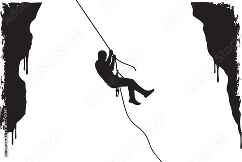 Abstract silhouette of a man abseiling between abstract cliffs,