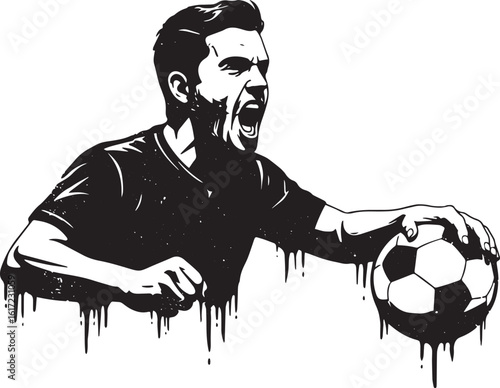 Passionate soccer player shouting with determination and holding
