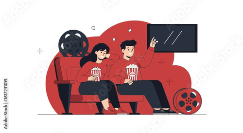 Couple Enjoying a Movie At the Cinema With Popcorn and Classic Film Reels