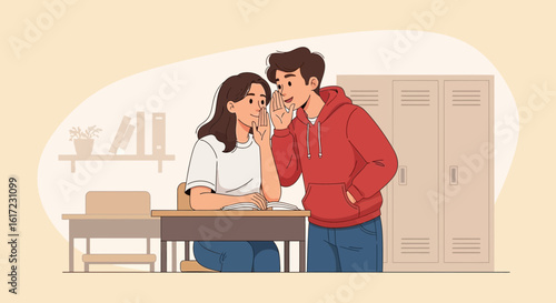 Excited Teens Share Secret In School Hallway With Lockers And Desk