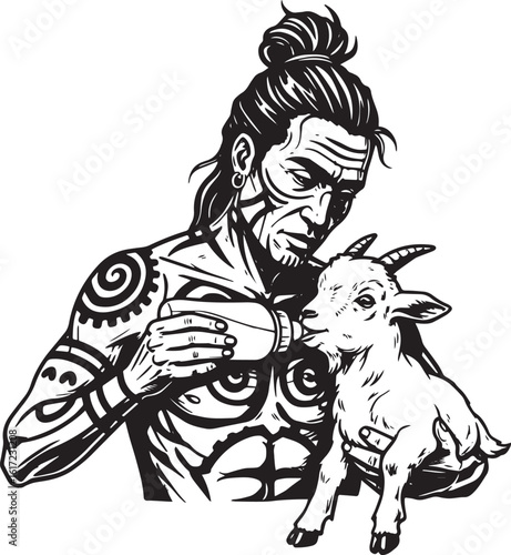 Tribal man bottle feeding a baby goat with intricate tattoo desi