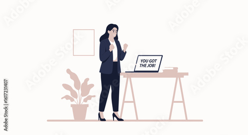 Excited Woman Gets Job Offer Notification On Laptop At Home Office