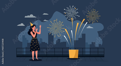 Excited Woman Enjoying Fireworks Display On Rooftop New Years Eve Celebration