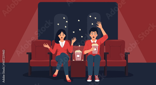 Couple in cinema reacting to scary movie and throwing popcorn in the air feeling fear