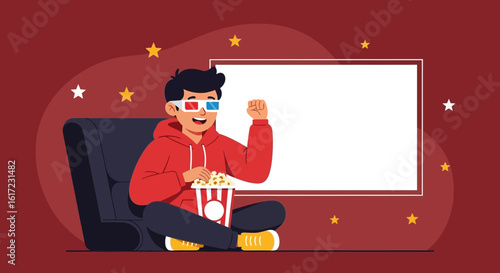Excited young man enjoying a 3D movie with popcorn in a cozy cinema atmosphere