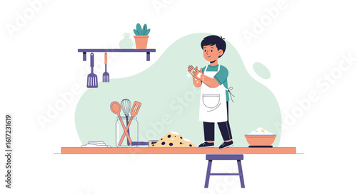 Boy Preparing Dough While Wearing An Apron And Standing In The Kitchen