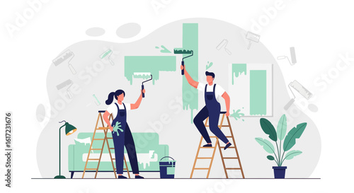 Couple Renovating Home Painting Walls Together DIY Renovation Project Concept