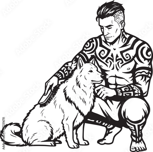 Tattooed man attentively brushing a fluffy dog, line art, black