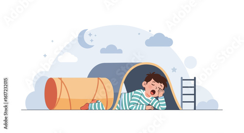 Exhausted Boy Yawns Before Bedtime Sleeping In Cozy Indoor Play Tent