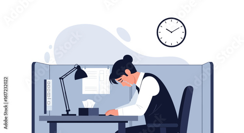 Exhausted Employee Faces Workplace Stress and Long Hours In Office