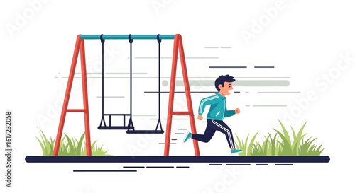 Boy Runs Happily on the Playground Near the Swings Enjoying Outdoor Activity