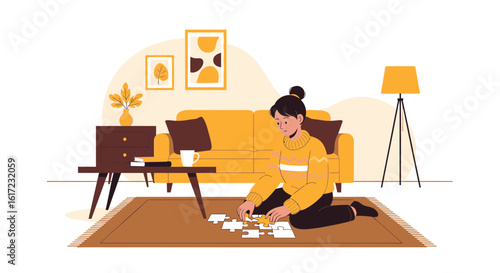 Cozy Evening At Home Young Woman Enjoying Puzzle On The Living Room