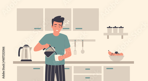 Exhausted Man Pours A Cup Of Coffee To Start His Sleepy Morning Routine