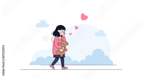 Girl Walking With Teddy Bear Surrounded By Floating Heart Shapes And Clouds