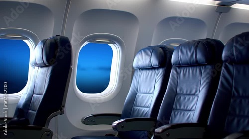 Airplane seats near a window, blue leather