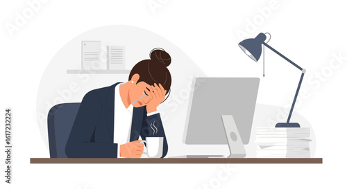 Exhausted Professional Woman Leaning Head on Hand at Office Desk