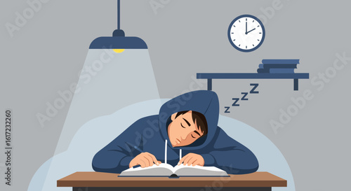 Exhausted Student Falling Asleep While Studying Late at Night