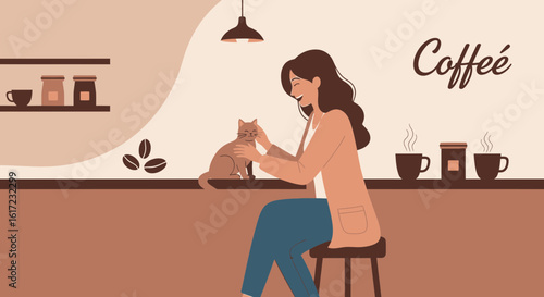 Cozy Morning At A Coffee Shop With A Brunette Woman And Her Pet Cat