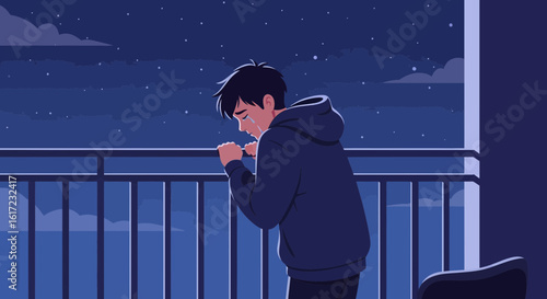 Boy Stands On Balcony Crying Emotionally Under The Stary Night Sky Scene