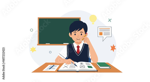 Boy Student Studying At His Desk Vector Illustration For Learning Concept