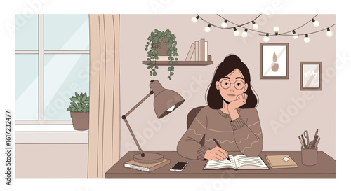 Cozy Study Scene With A Young Woman Writing In Her Personal Diary