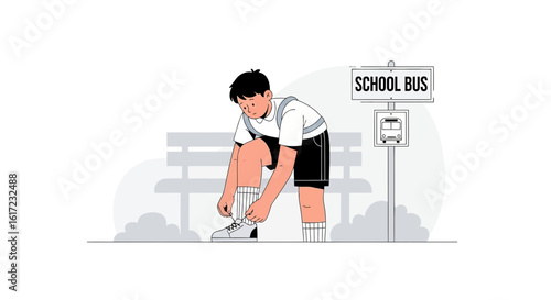 Boy Tying Shoelace Waiting For The School Bus At Bus Stop Illustration