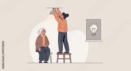 Granddaughter Changing Lightbulb For Grandmother In Home Interior Illustration