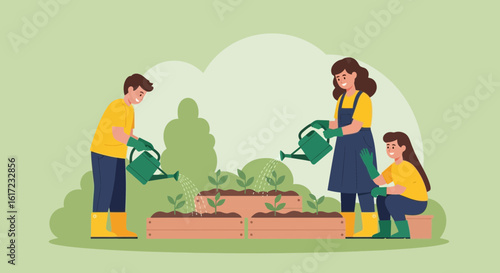 Family gardening together, cultivating plants in raised beds with love and care in backyard