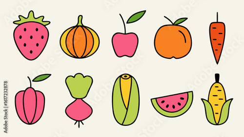 Modern abstract hand drawn collection featuring a variety of fresh fruits and wholesome vegetables in a contemporary artistic style