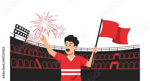 Fan Celebrating Victory In Stadium Cheering And Waving A Flag Emotionally