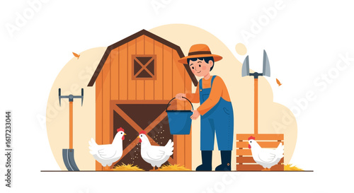 Farmer Feeding Chickens Vector Illustration On Farm Near Barn