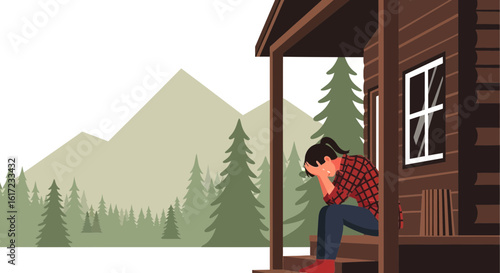 Feeling Alone: Young Woman Depressed on The Porch of a Rural Cabin