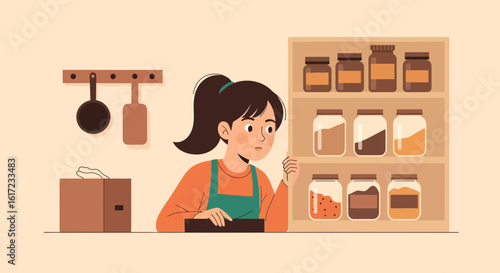 Female Arranging Jars Inside Pantry In Modern Kitchen For Home Cooking