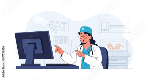 Female Doctor Analyzing Screen with Twins in Incubator at Neonatal Ward
