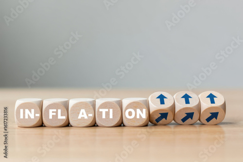 Wallpaper Mural Rising Inflation Concept Represented by Wooden Blocks Spelling Inflation with Upward Arrows, Illustrating Economic Challenges and Financial Trends on a Neutral Background Torontodigital.ca