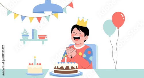 Happy Birthday Celebration Vector Illustration With Child And Cake