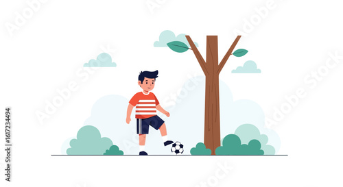 Happy Boy Playing Soccer Under A Tree In Park Illustration