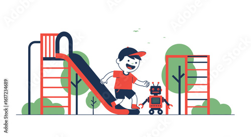 Happy Boy With Robot Playing On Slide In A Park Graphic Illustration