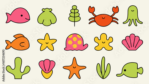 Charming hand drawn assortment of aquatic creatures featuring whales dolphins and various sea life in a whimsical style