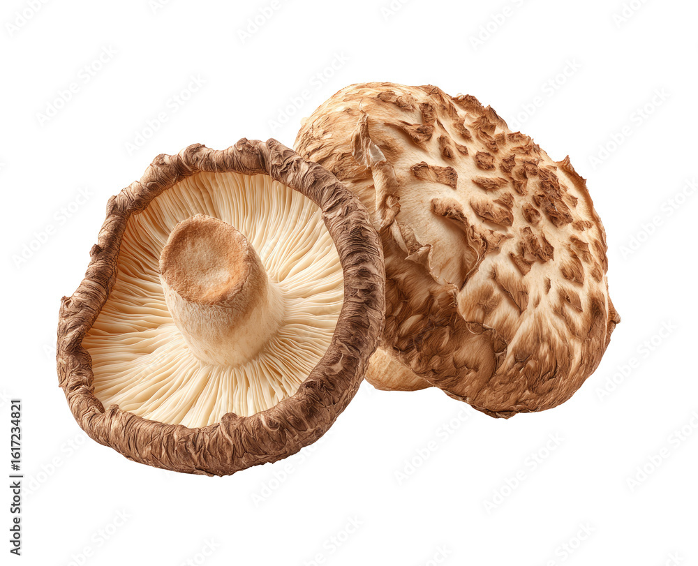 Two shiitake mushrooms, light beige caps with brown ridges, dark brown stems, isolated on black Two shiitake mushrooms, light beige caps with brown ridges, dark brown stems, isolated on black