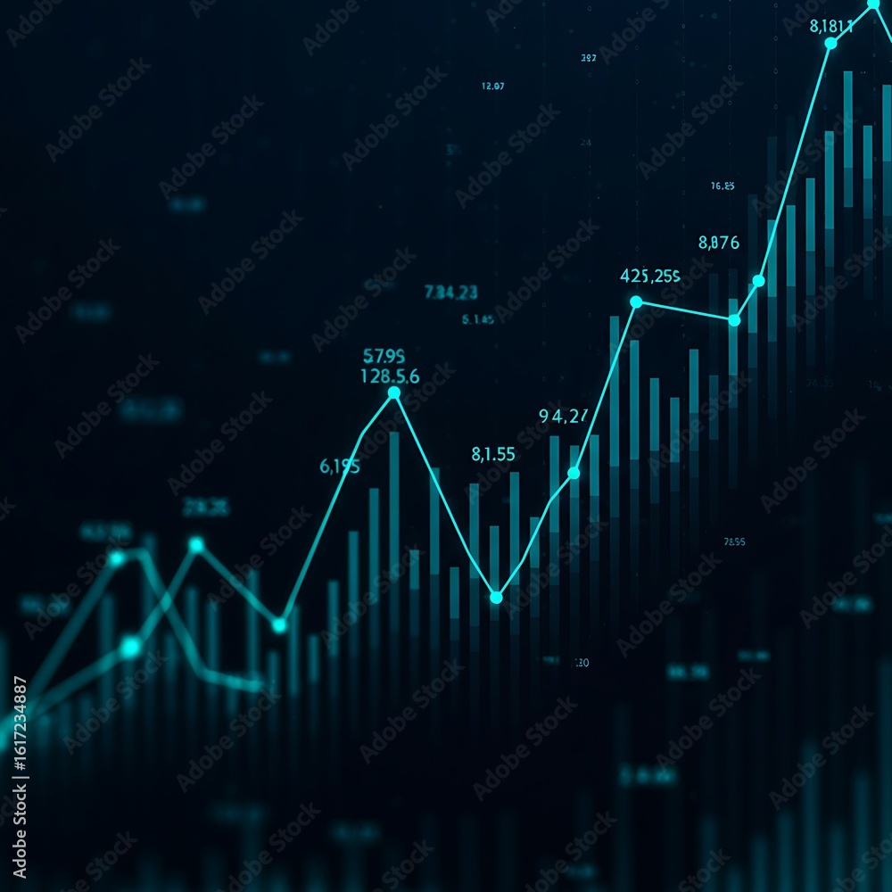 Naklejka premium Financial Chart with Rising Trend Line and Data Points on Dark Background