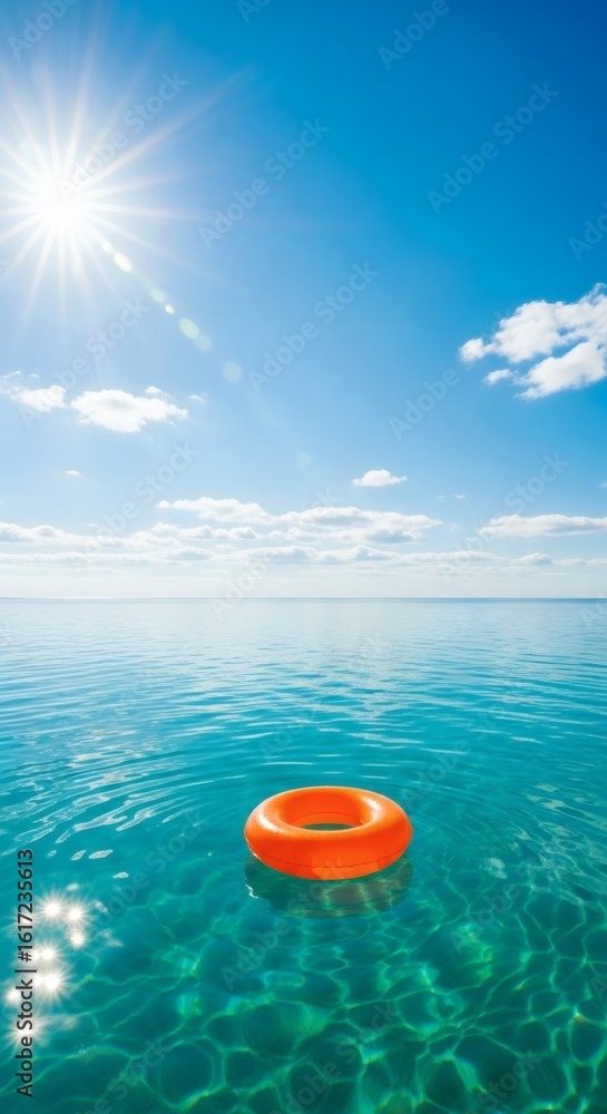 A bright orange lifebuoy floats alone in a tranquil, clear turquoise ocean under a sunny blue sky. A bright orange lifebuoy floats alone in a tranquil, clear turquoise ocean under a sunny blue sky.