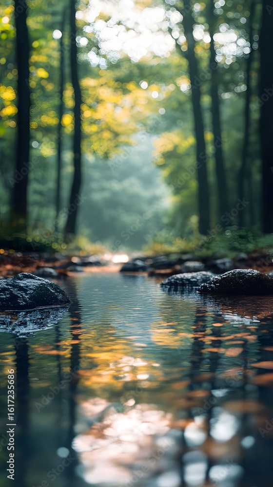 Fototapeta premium Serene autumn forest with water reflections. A realistic photographic background for digital detox and finding peace.