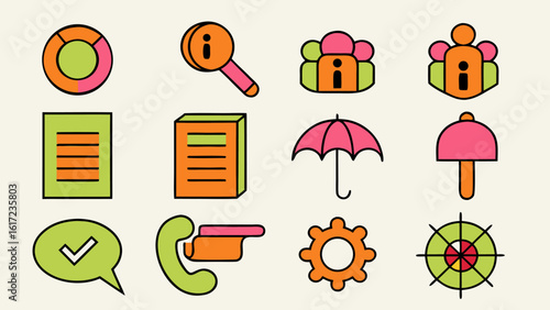 Comprehensive collection of essential informational symbols including help guidance and query graphics presented in a clean modern aesthetic with vibrant color accents