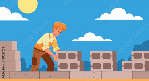A Construction Worker Placing Concrete Blocks on a Sunny Day