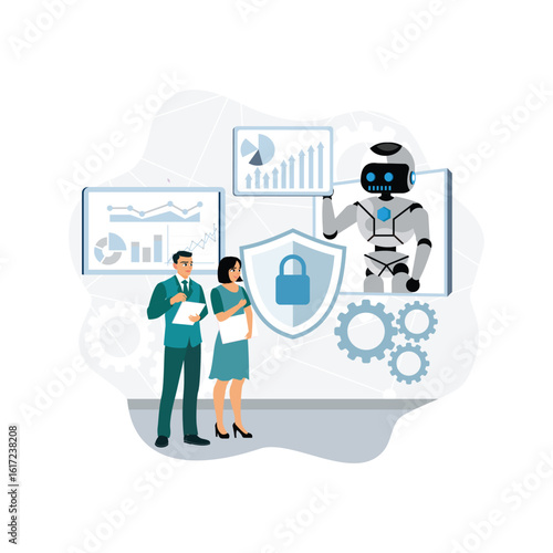 Employers and employees collaborate with humanoid robots to conduct AI-based security training.