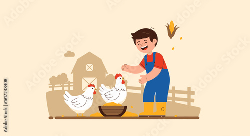 Happy Farmer Feeding Chickens in a Rural Landscape with Corn and Barn